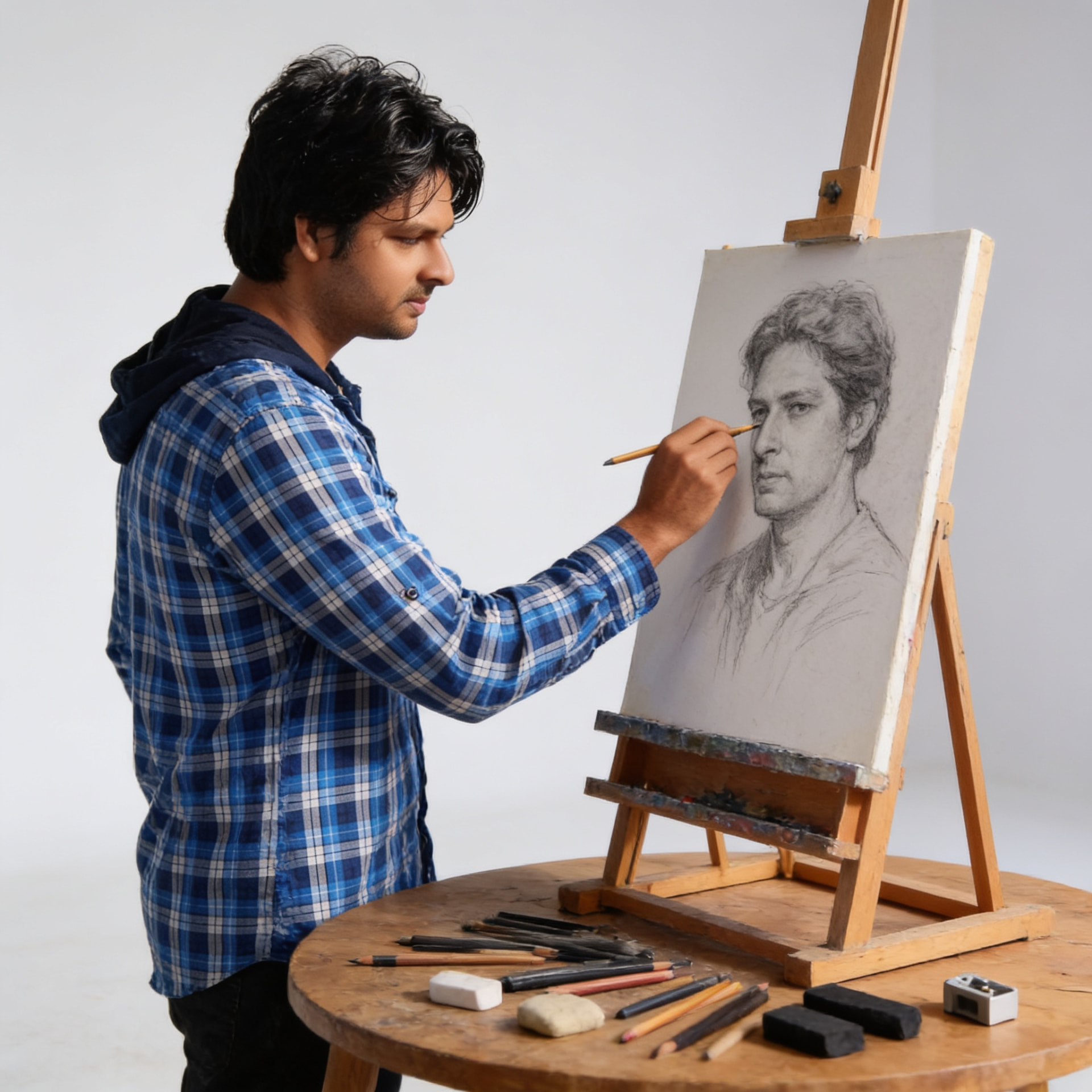 The artist at work — Amarendra Behera sketching a charcoal portrait at his easel, pencils and charcoal on the table